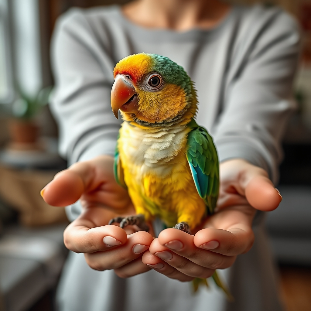 An owner bonding with a young bird while picking baby parrot names