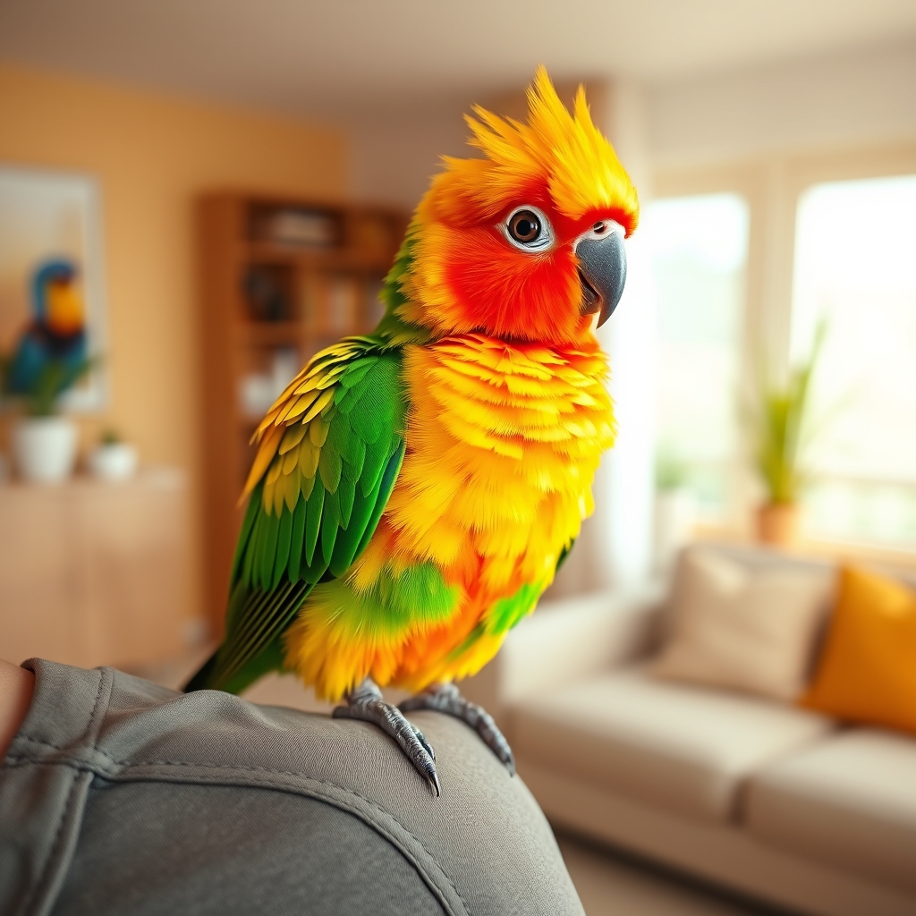 A vibrant young sun conure sitting on a shoulder for baby parrot names inspiration