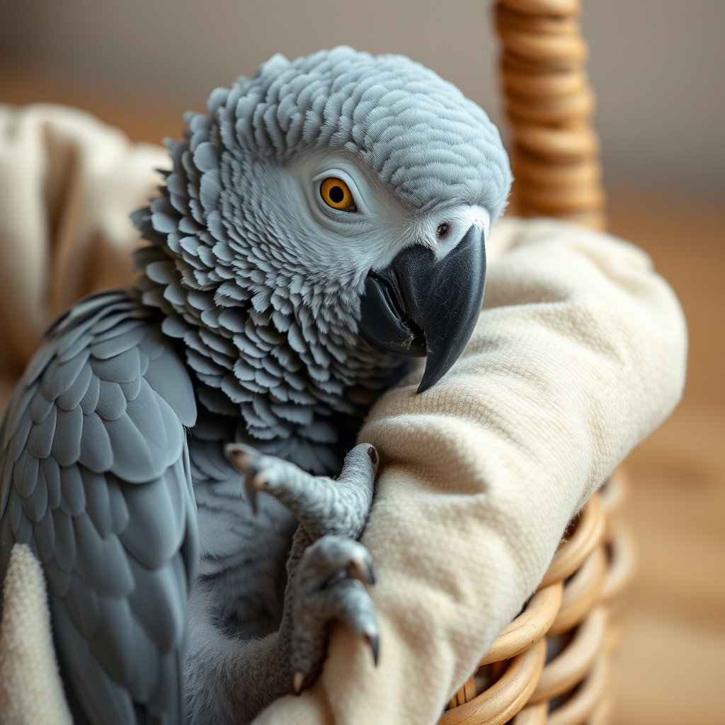 An African Grey chick resting quietly in a pet area related to baby parrot names