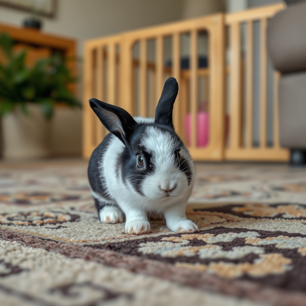 A small dwarf rabbit playing indoors suited for cute rabbit names