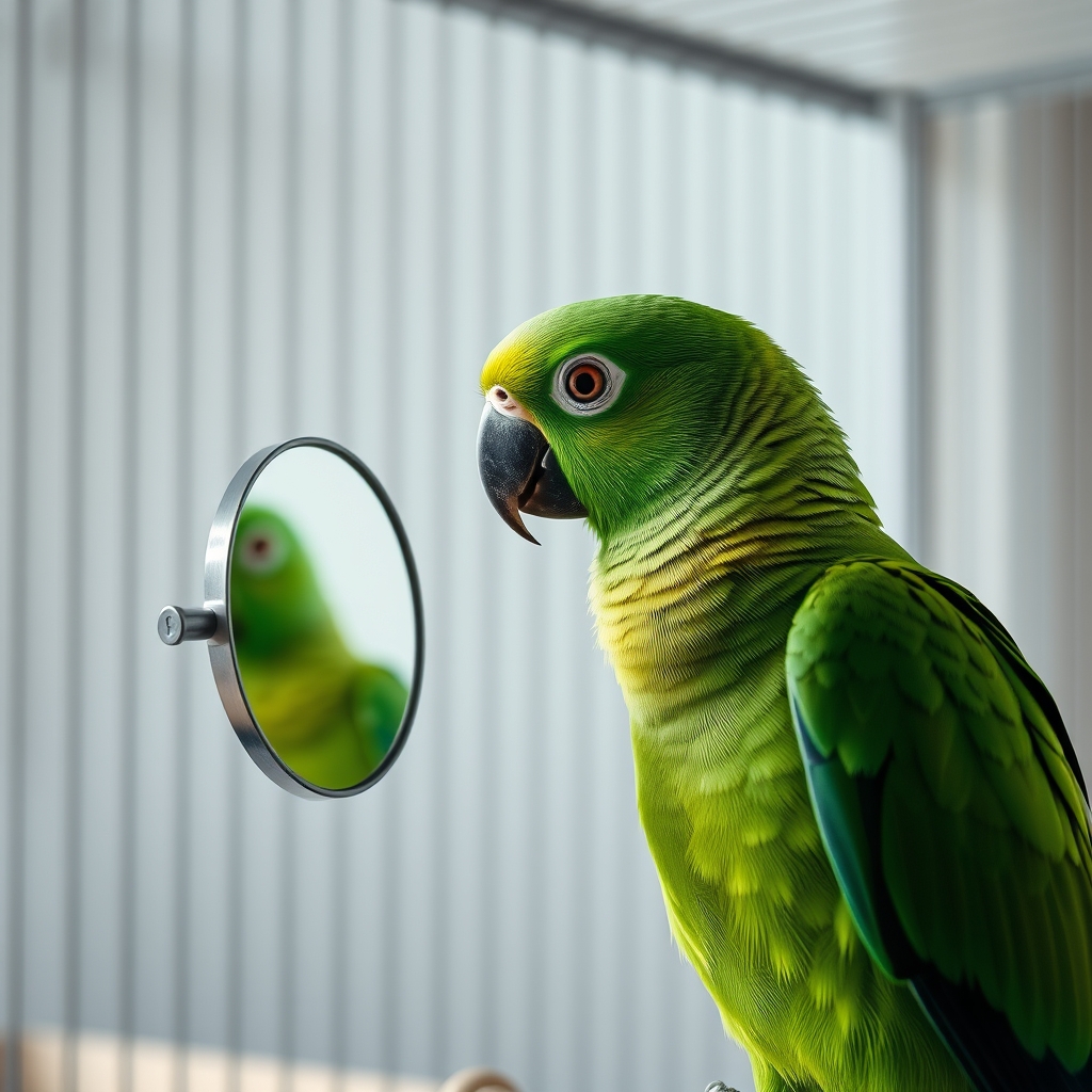 A green parrot interacting with its environment, featuring bird names start with a