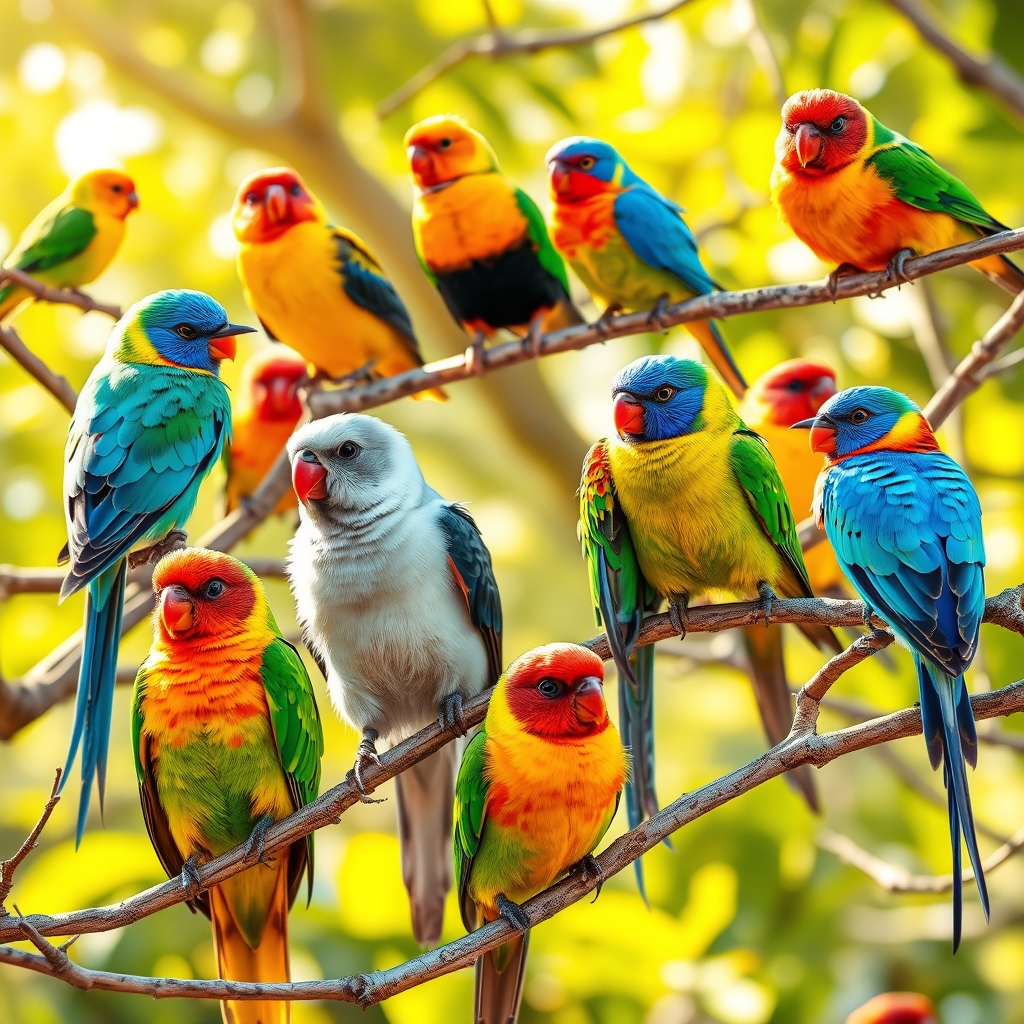 A cluster of vibrant pet birds demonstrating variety in bird names start with a
