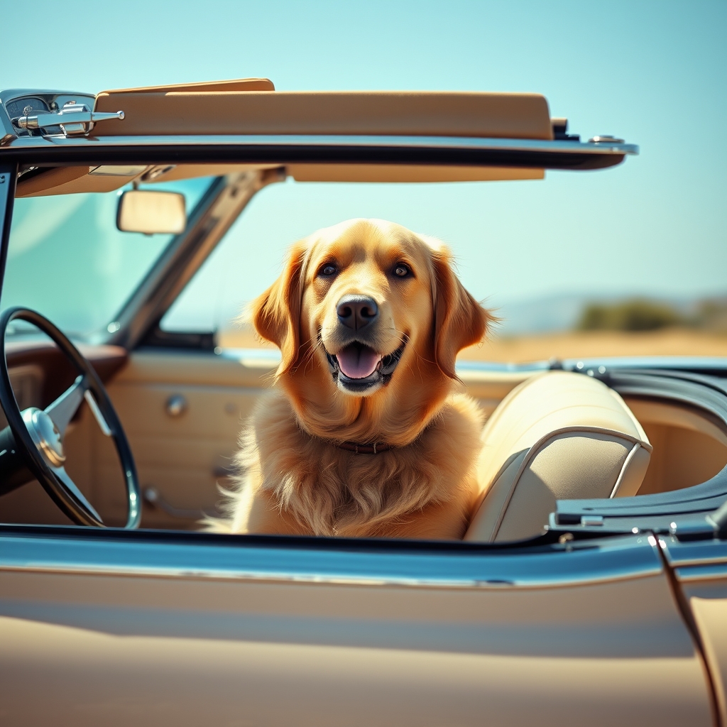 Golden retriever sitting in a classic convertible car names for pets