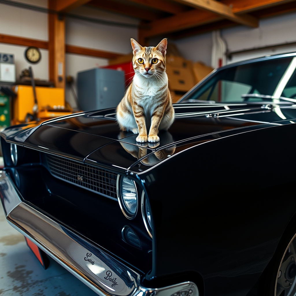 Black cat sitting on a muscle car representing strong car names