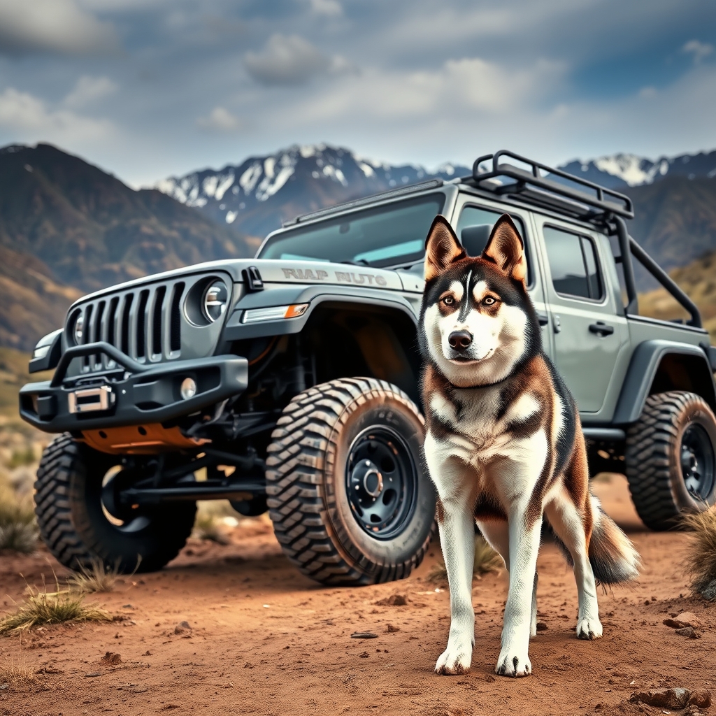 Husky standing near an off-road vehicle for rugged car names
