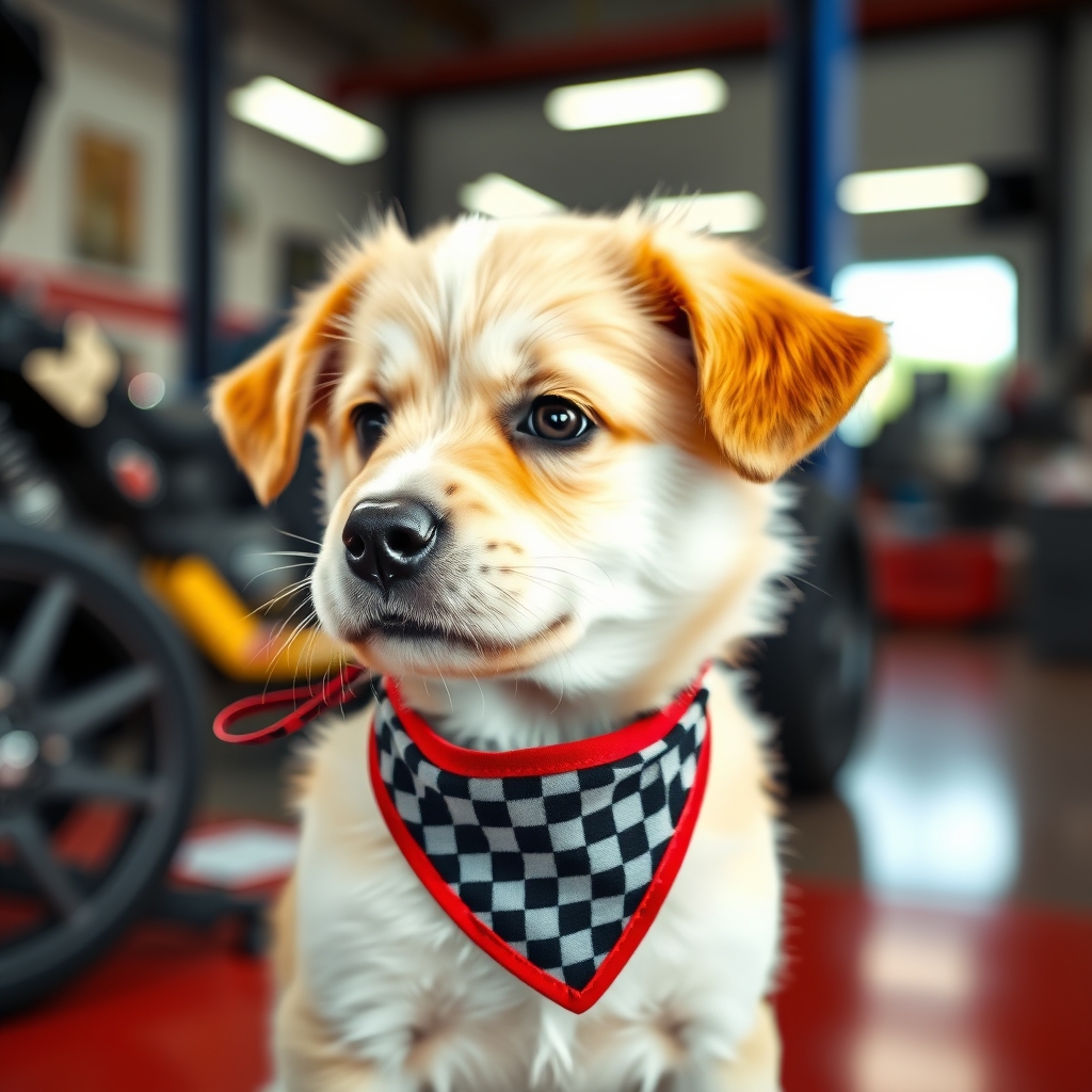 Puppy in an auto shop showing unique car names