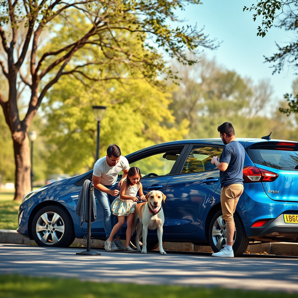 Family playing with pet near a blue car for everyday car names