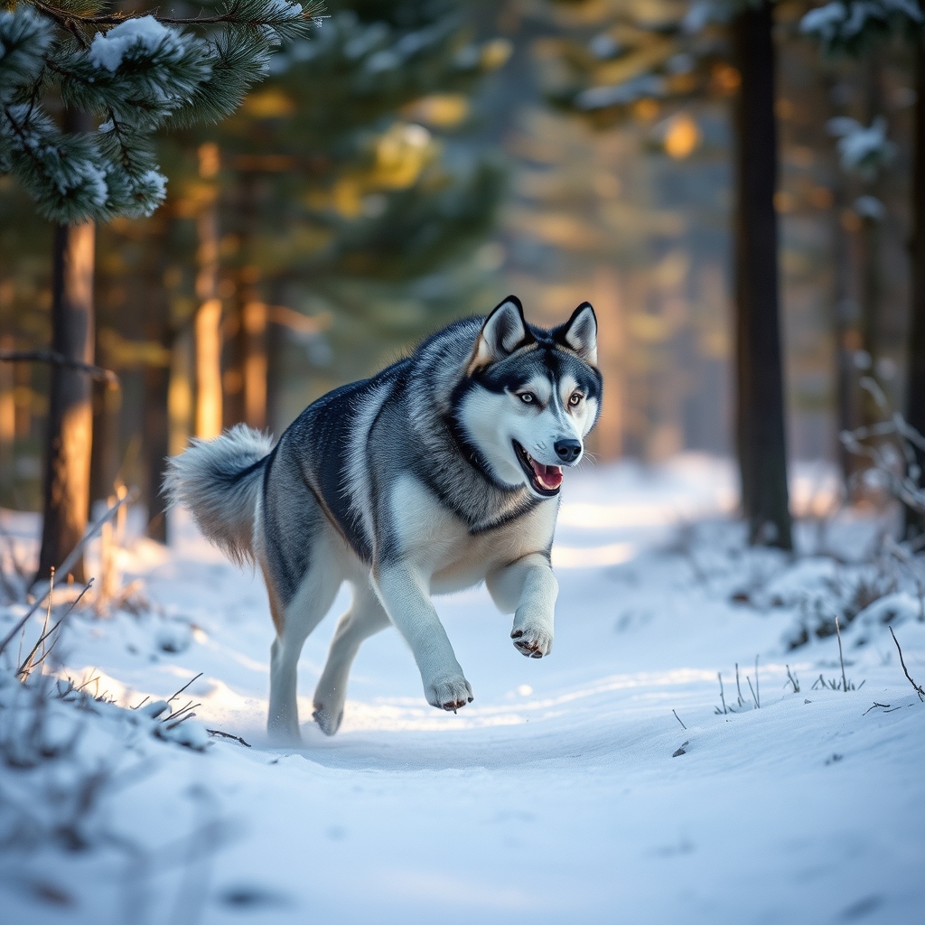 Siberian husky running through a snowy forest representing energetic husky names
