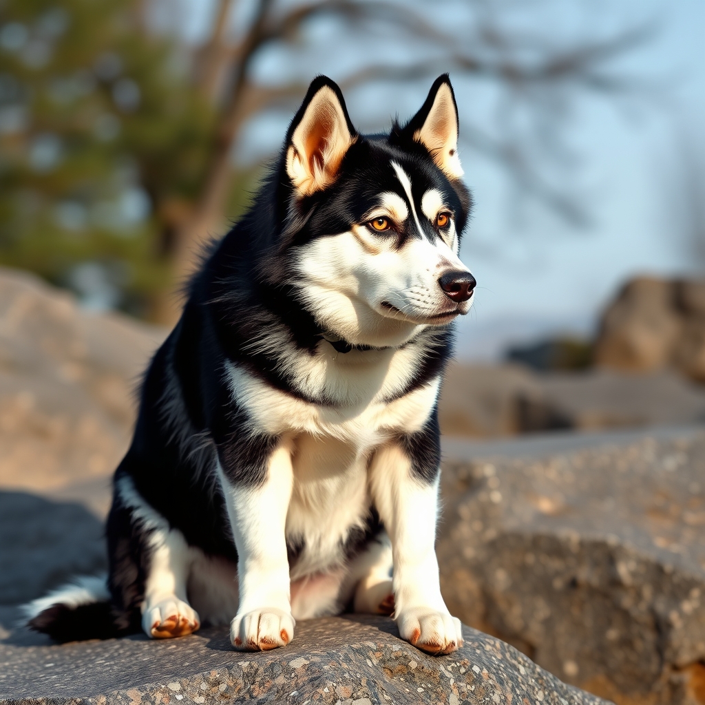 Black and white husky standing proud on a rock showcase for husky names